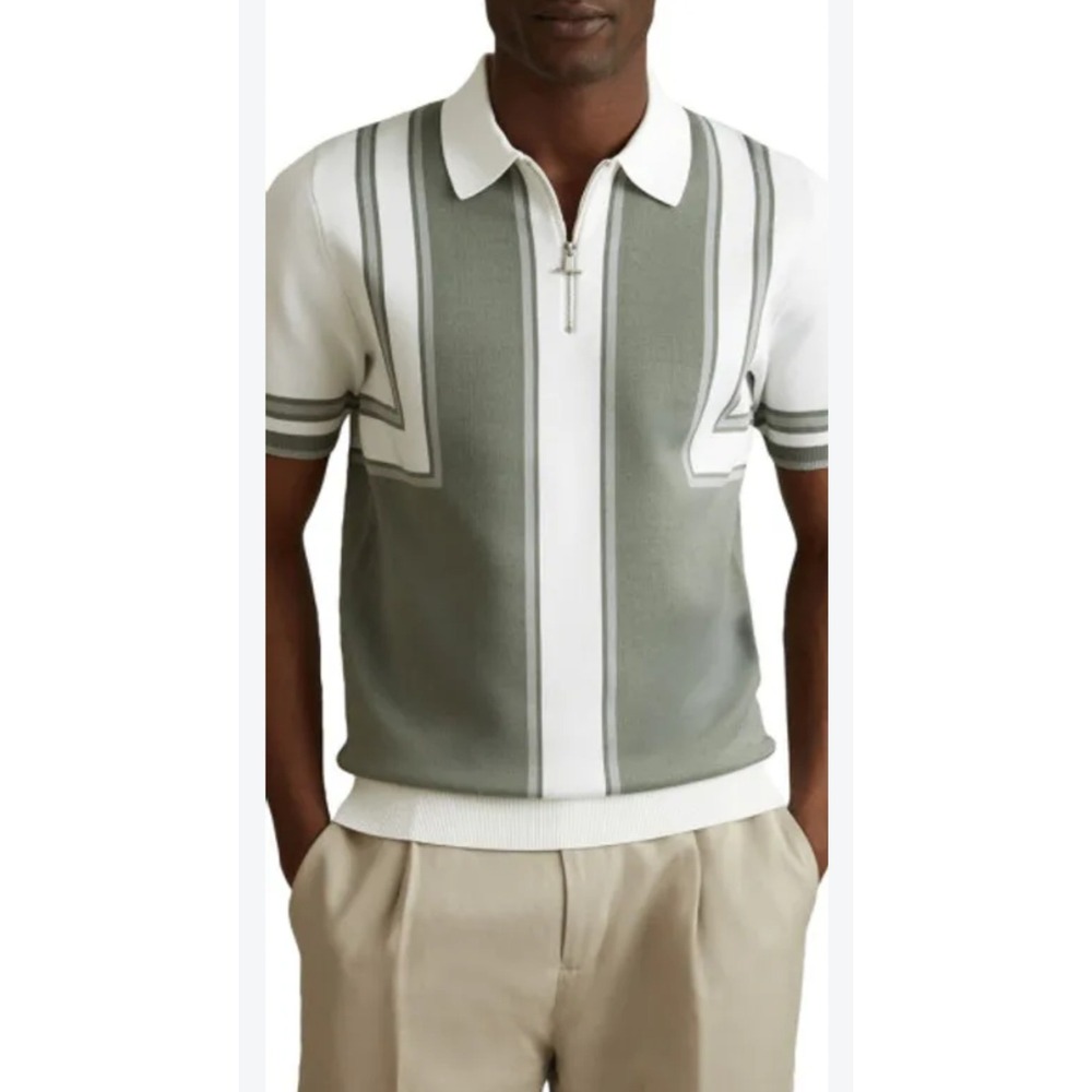 Reiss Orion Polo Shirt Mens XL White Green 1/4 Zip Knit Retro Quiet Luxury